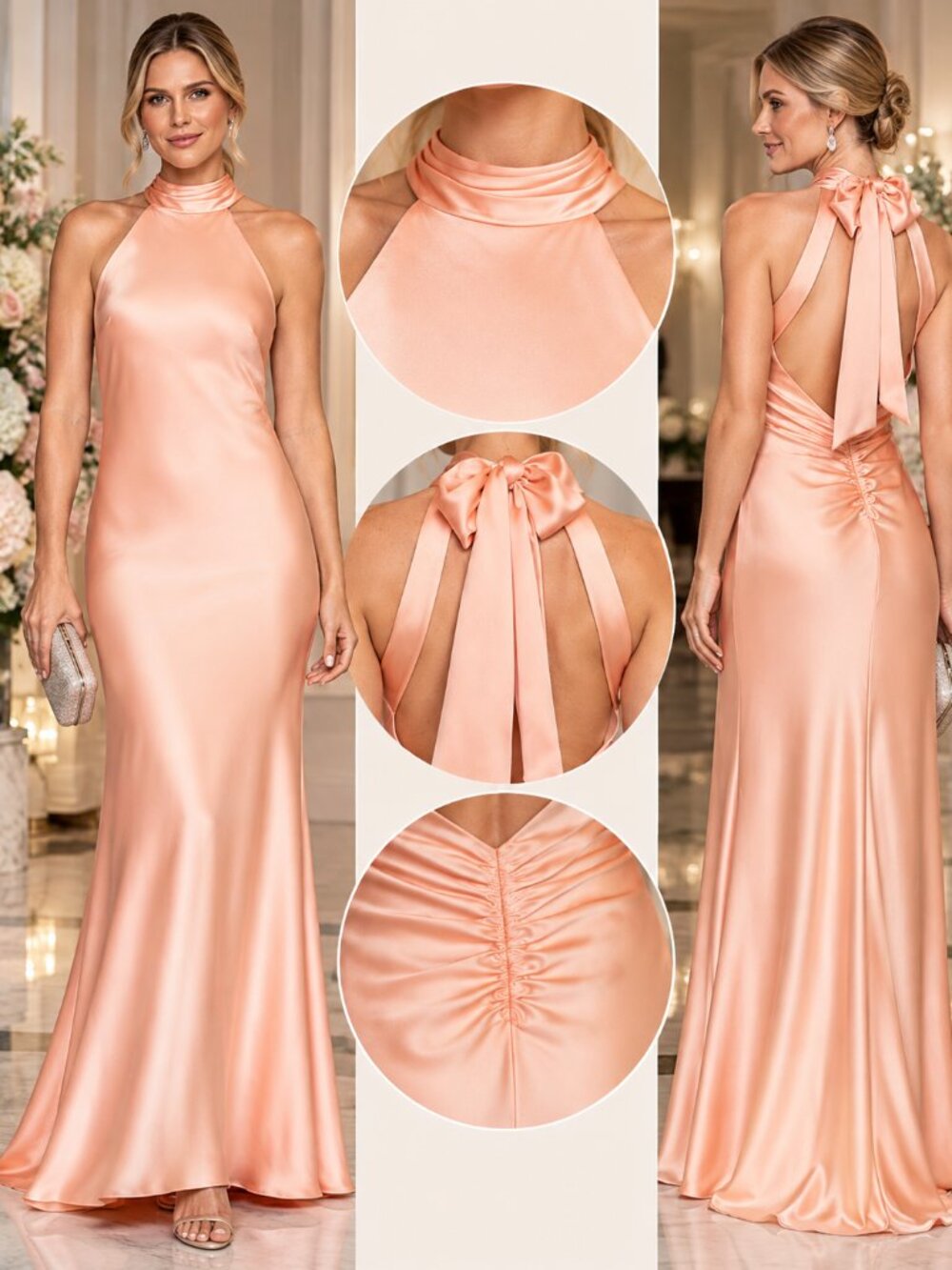 XSCAPE Peach Satin Halter Tie Neck Open Back Formal Gown Size 6 NWT